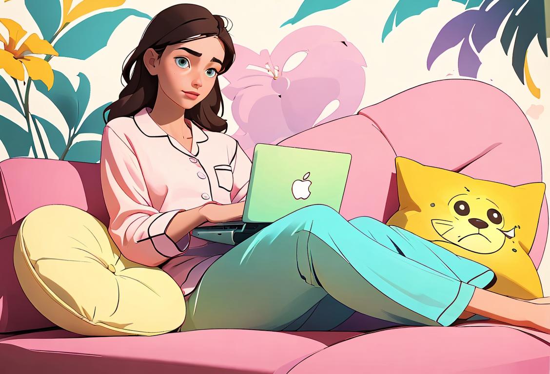 Colorful and cozy. A young woman in pajamas sitting on a plush couch, surrounded by pillows, holding a laptop, with tropical beach wallpaper as the background..