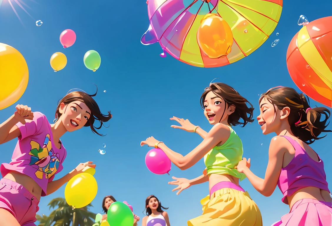 Group of people, wearing colorful summer outfits, having a playful water balloon fight in a sunny park..