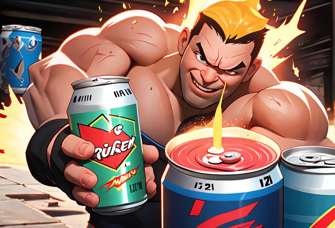 Strong person crushing a can with delicious beverage inside, muscular arms, outdoor setting filled with energy and excitement..