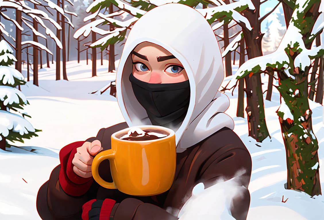 Cheerful person wearing a balaclava, cozy winter scene, with snow-covered trees and a mug of hot cocoa..