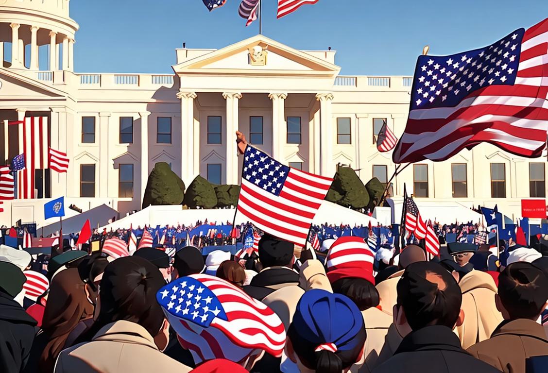 A diverse crowd featuring people in elegant attire, waving American flags, and an energetic atmosphere, capturing the spirit of Inauguration Day..