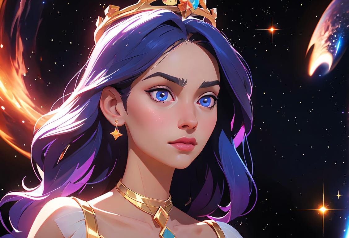 Young woman with a sparkling aura, wearing a mystical crown, exploring a star-filled galaxy with her mind..