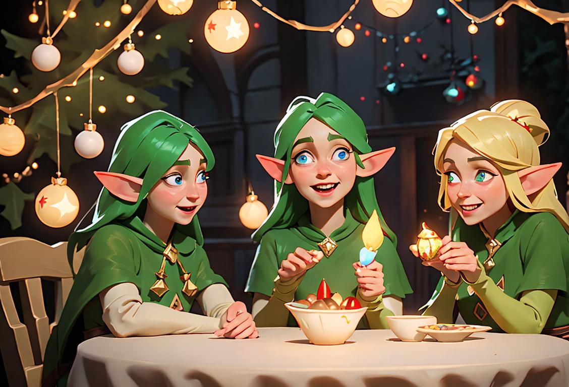 A joyful group of elves, wearing festive clothing, surrounded by twinkling lights and holiday decorations..