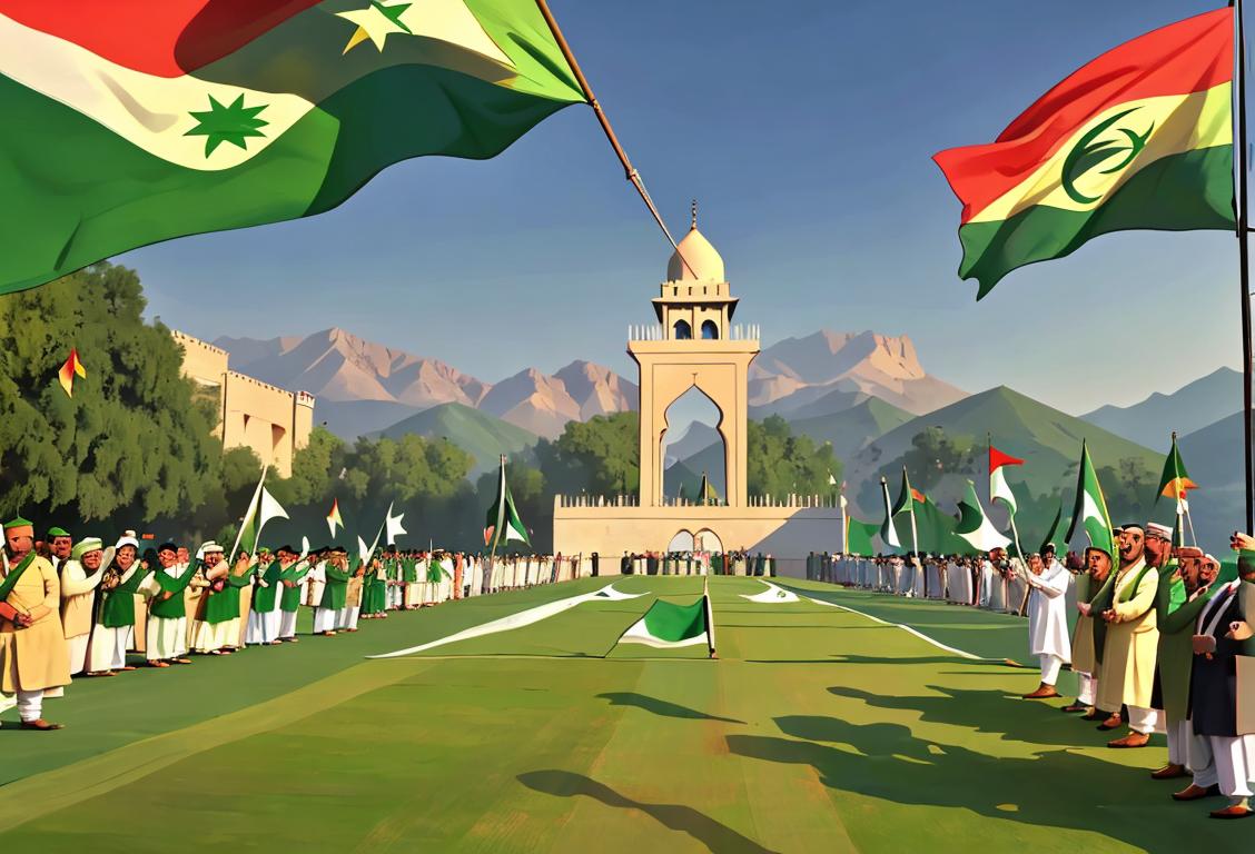 A group of people holding Pakistan flags up high to celebrate Independence Day, with smiles on their faces and a backdrop of beautiful Pakistani scenery..
