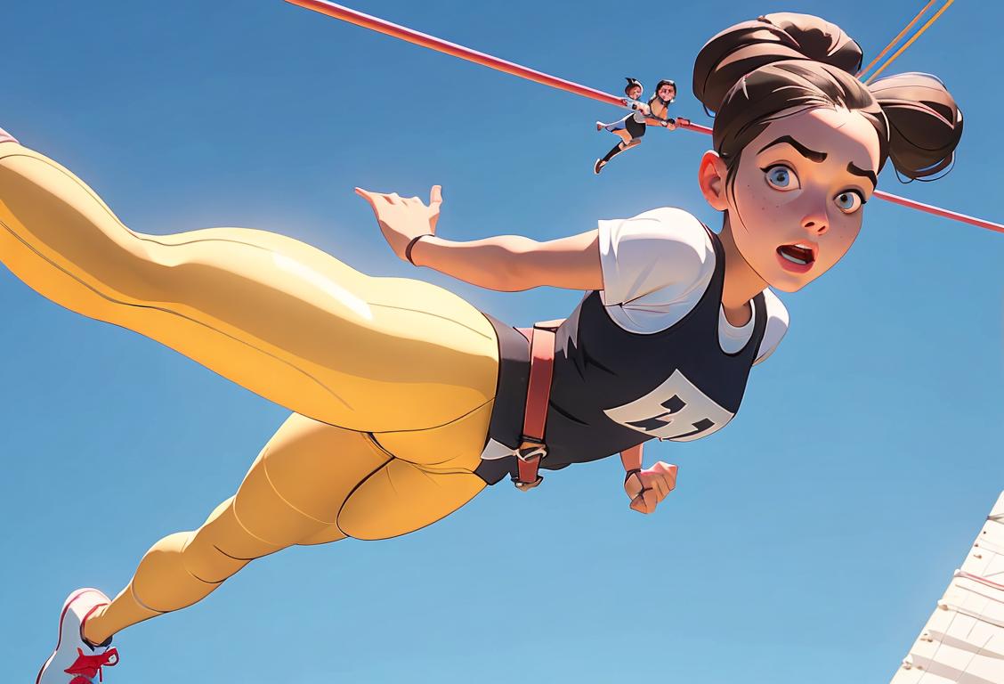 Young woman clad in athletic attire, mid-air on a bungee jump, fueled by National Dare Day excitement!.