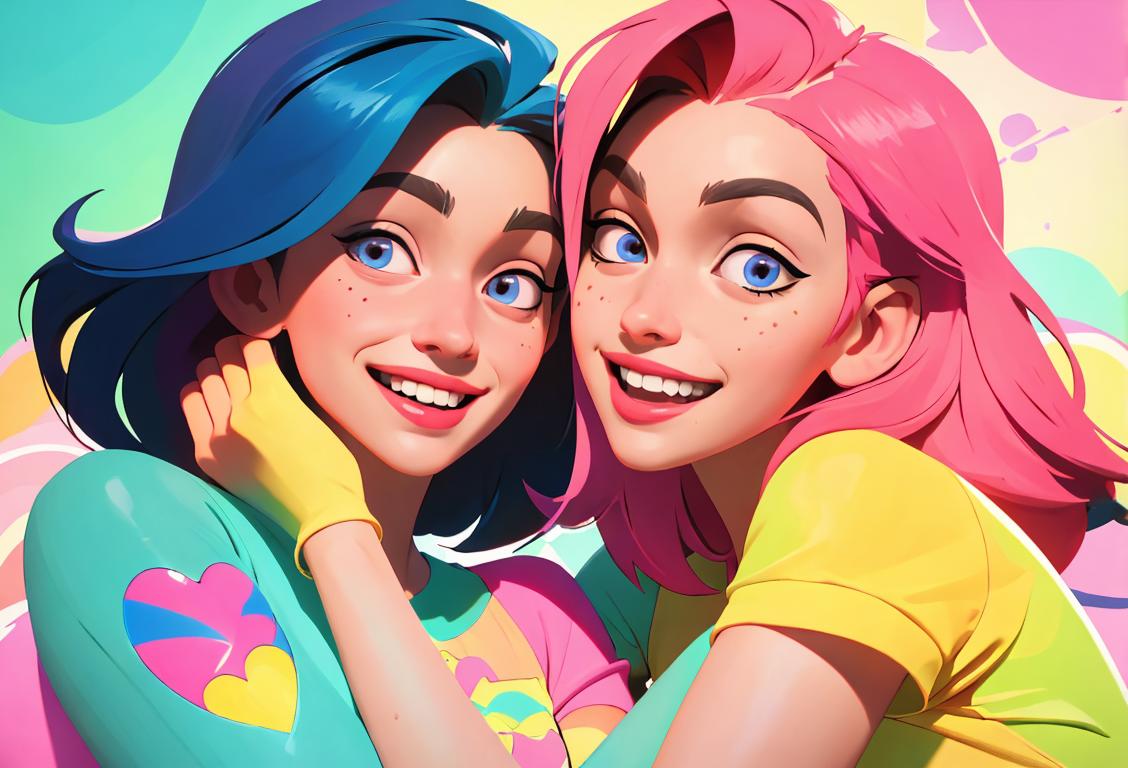 Two best friends embracing, surrounded by a colorful backdrop, wearing matching friendship bracelets, joyful expressions on their faces..