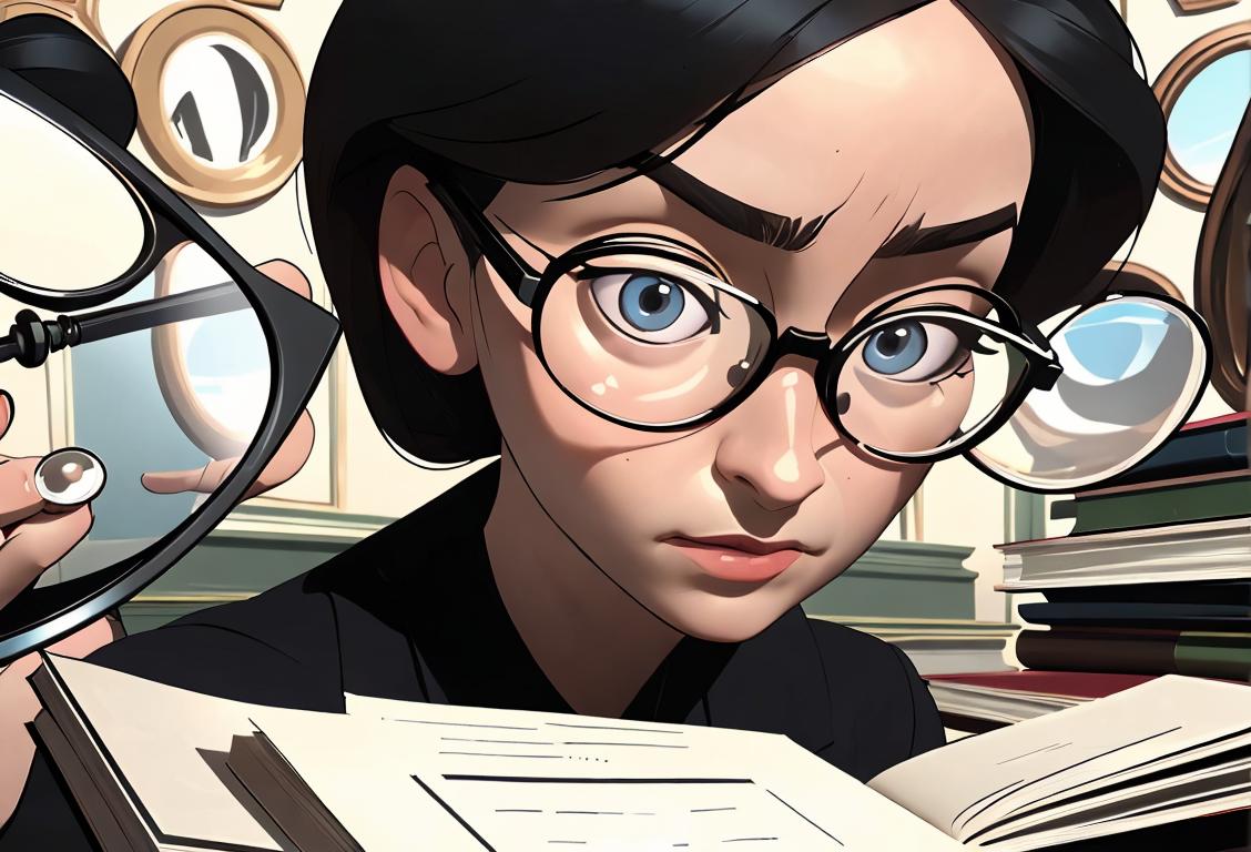 A curious person, wearing glasses, looking closely at a magnifying glass, surrounded by question marks and books..