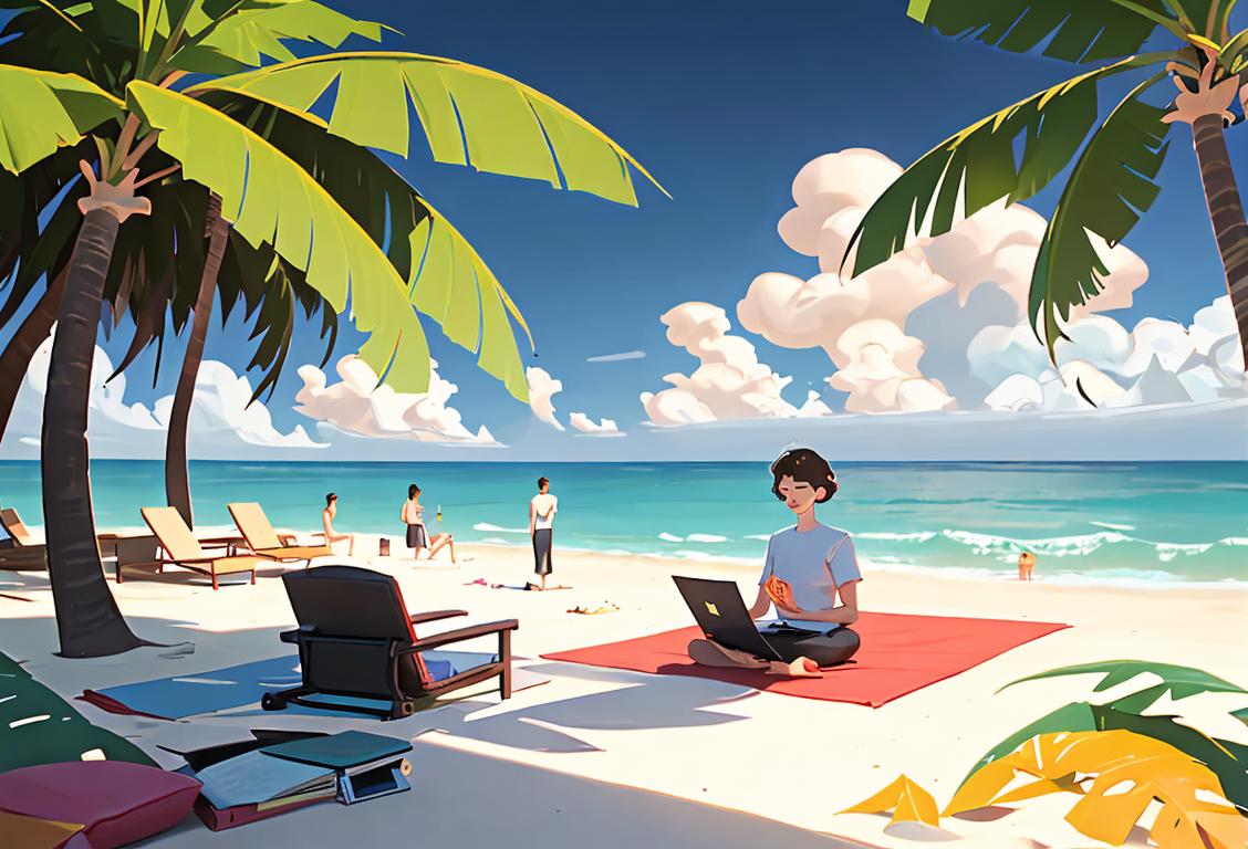Young IT professional meditating on a beach, dressed in casual attire, surrounded by palm trees and laptops..