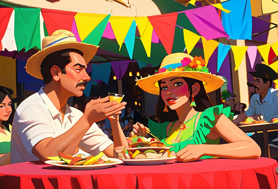 Young adults toasting tequila shots, festive sombreros, colorful Mexican fiesta decor, lively street celebration.