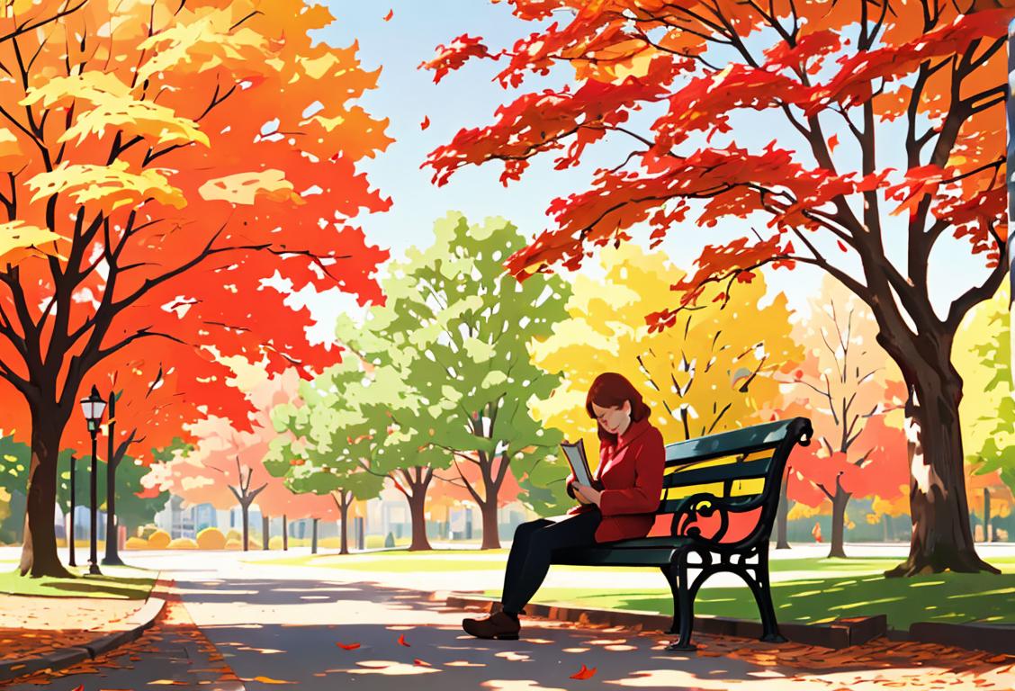 A person sitting alone on a park bench, enjoying a book, surrounded by vibrant autumn leaves..