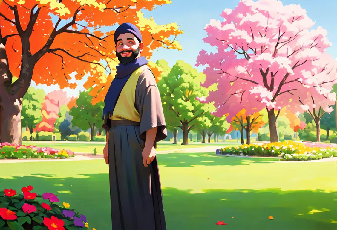A person with a big, friendly smile, dressed in bright and colorful clothes, standing in a peaceful park surrounded by flowers and trees..