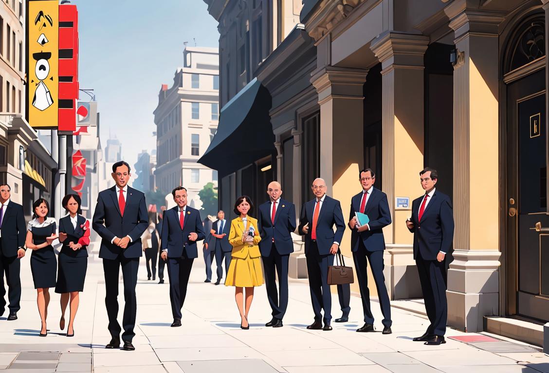 Cheerful group of people in suits and business attire, standing outside a government building, busy city street scene, with a sense of urgency in their expressions..