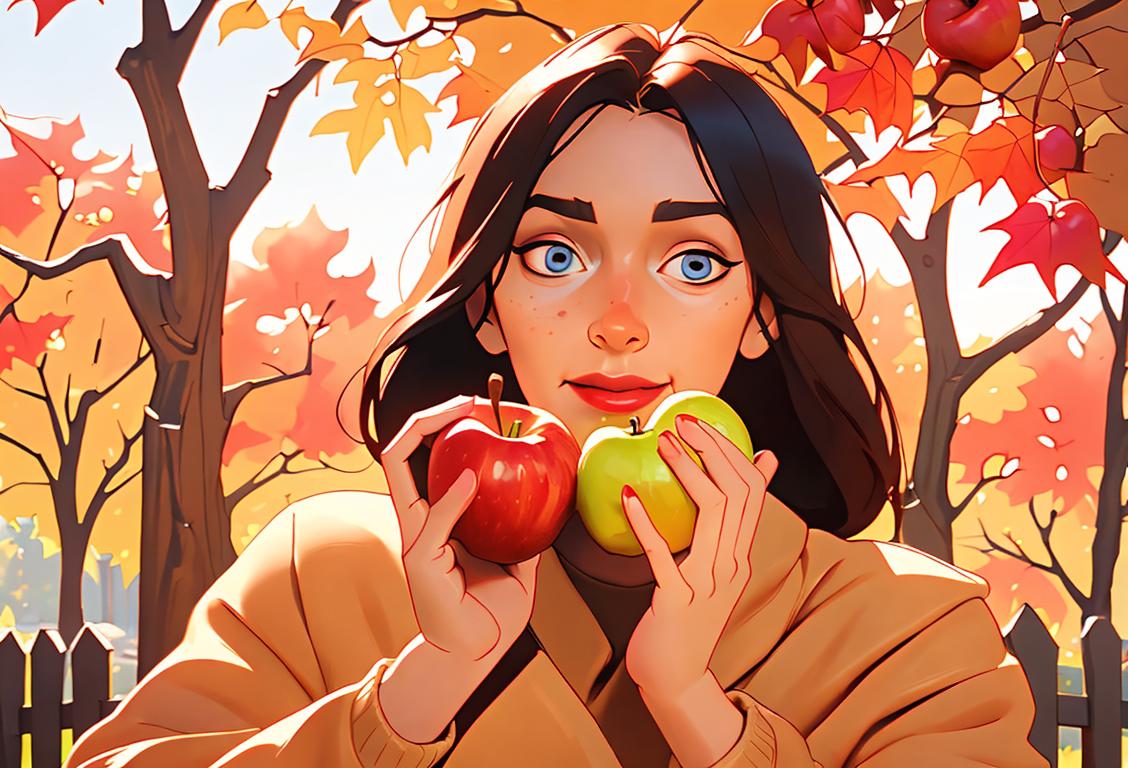 A person enjoying a warm apple turnover, wearing a cozy sweater, autumn leaves surrounding them..