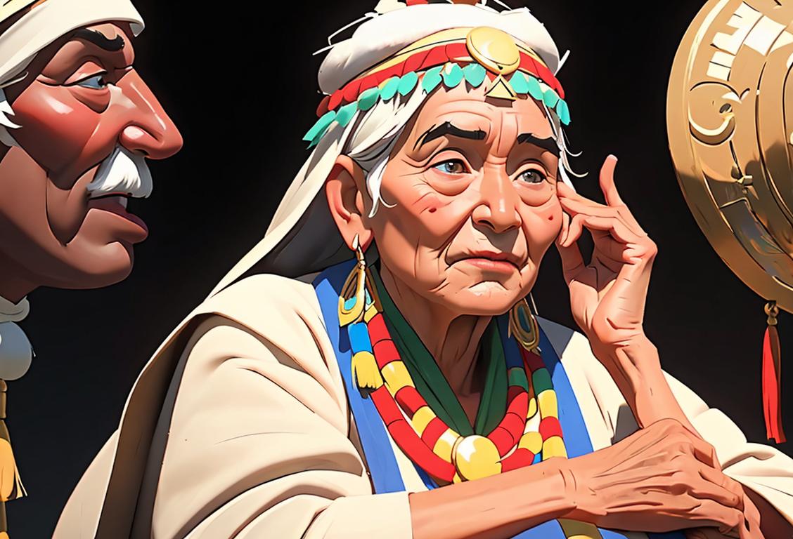 Elderly chief in traditional attire and headdress, surrounded by diverse cultural artifacts, embracing unity and celebrating diversity..