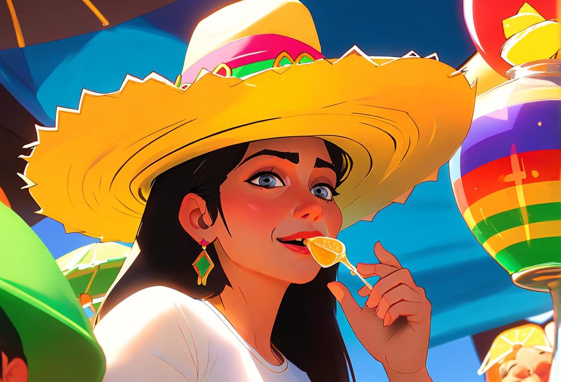 Entusiastic celebrator wearing a sombrero, sipping tequila, surrounded by colorful Mexican decorations and happy people cheering..