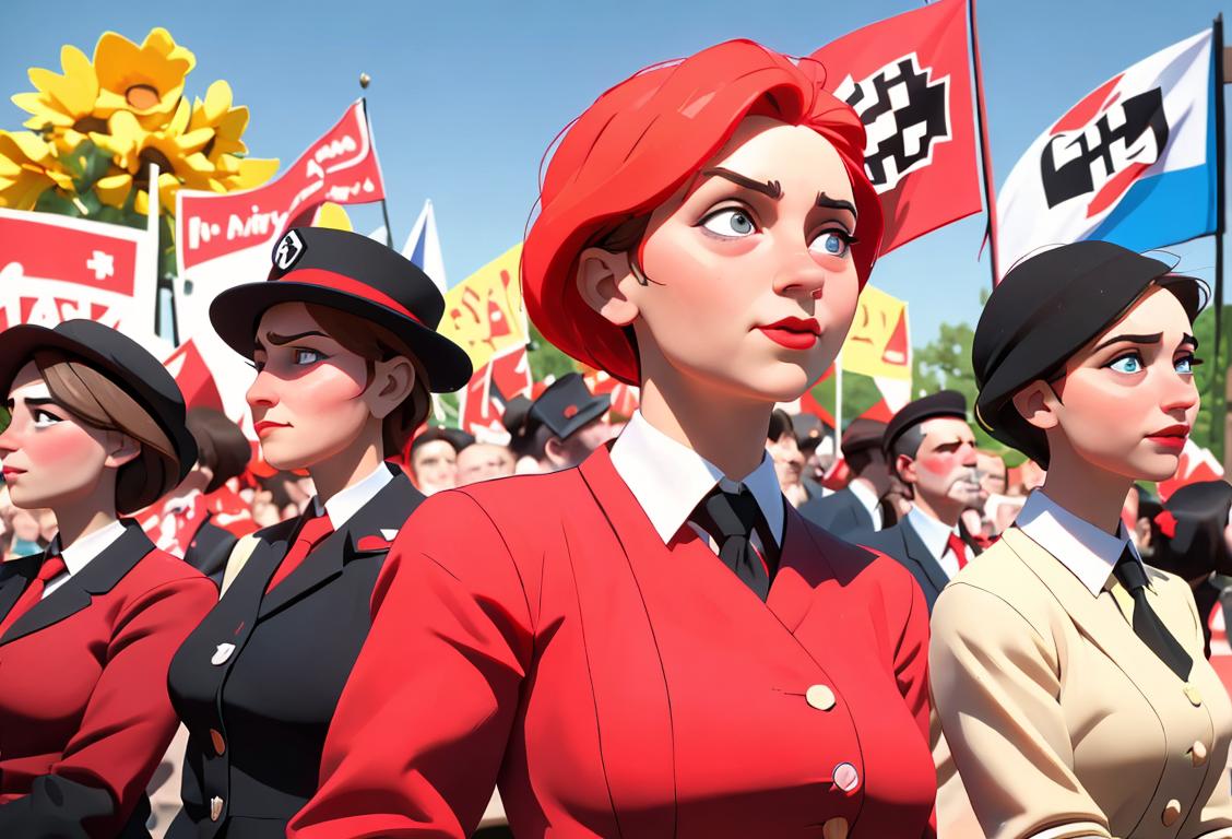 Group of people celebrating National Socialists on May Day, wearing traditional clothing, with vibrant colors, in a festive parade setting..