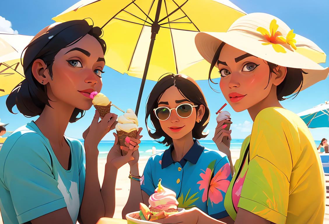 A sunny beach scene with a group of stylish individuals enjoying CBD-infused ice cream, wearing colorful summer outfits, and surrounded by vibrant tropical flora..