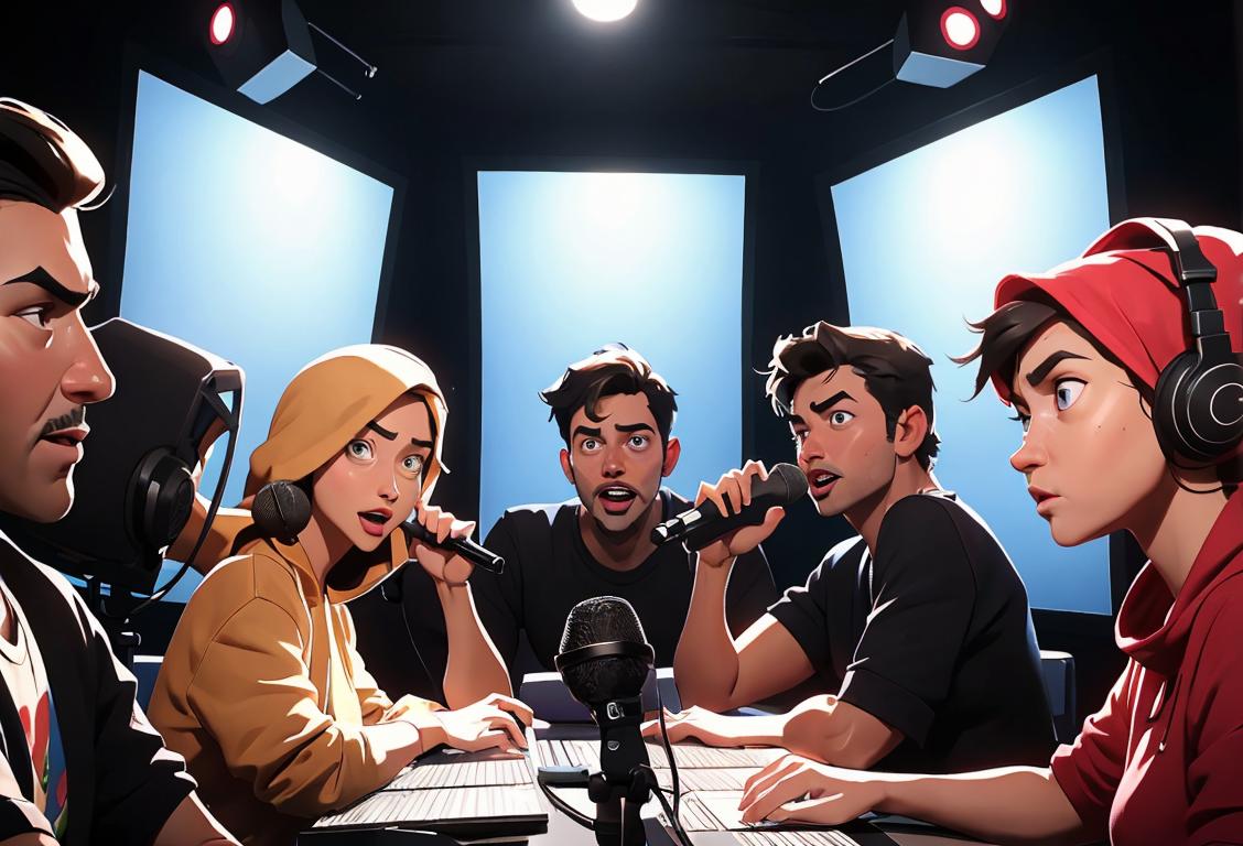 A diverse group of voice actors gathered around a microphone, wearing casual clothing, in a recording studio filled with soundproof panels..