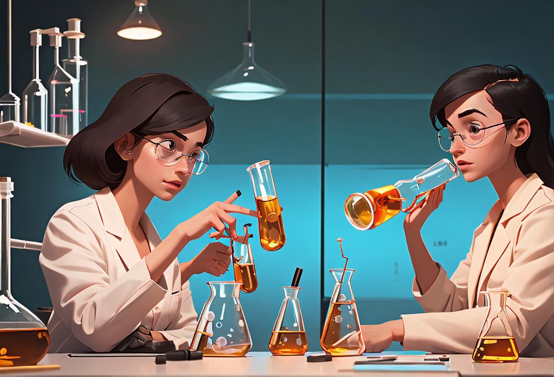 Young women wearing lab coats, working with beakers and microscopes, in a modern science laboratory setting.
