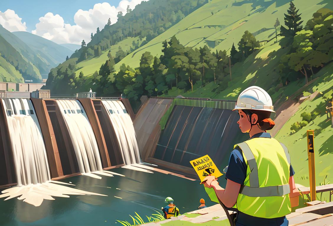 Group of diverse people wearing hard hats and holding safety signs near a dam, surrounded by lush greenery.