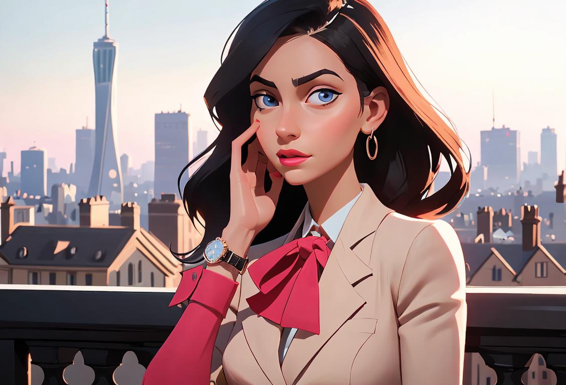 Young woman with a classy wristwatch, wearing a stylish outfit, surrounded by a vibrant cityscape..