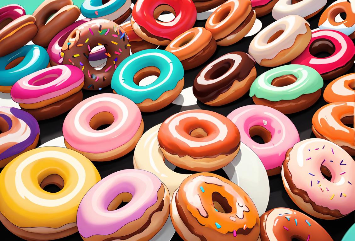 A joyful group of people, wearing colorful clothing, holding kreme-filled donuts, surrounded by a vibrant street festival..