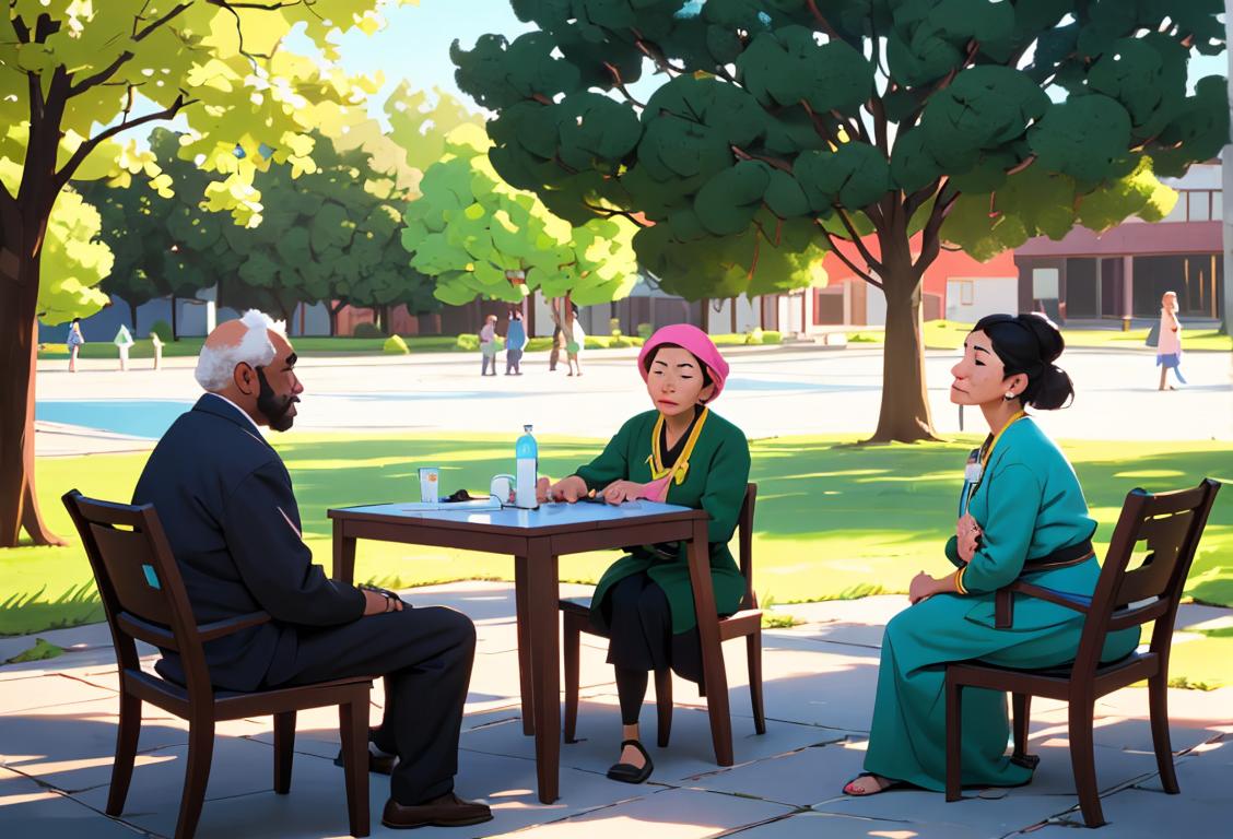 A diverse group of people, representing different cultures and backgrounds, sitting in a peaceful outdoor setting, engaged in supportive conversations about mental health..