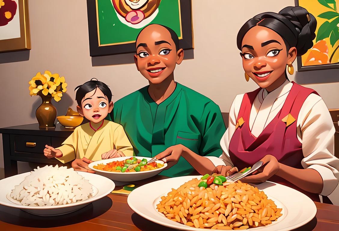 Family gathering enjoying a vibrant plate of ofada rice, traditional Nigerian attire, colorful decorations and joyful expressions..