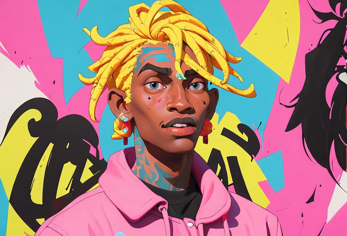 Young Thug-inspired rapper confidently posing in colorful streetwear, surrounded by vibrant graffiti art in an urban cityscape..