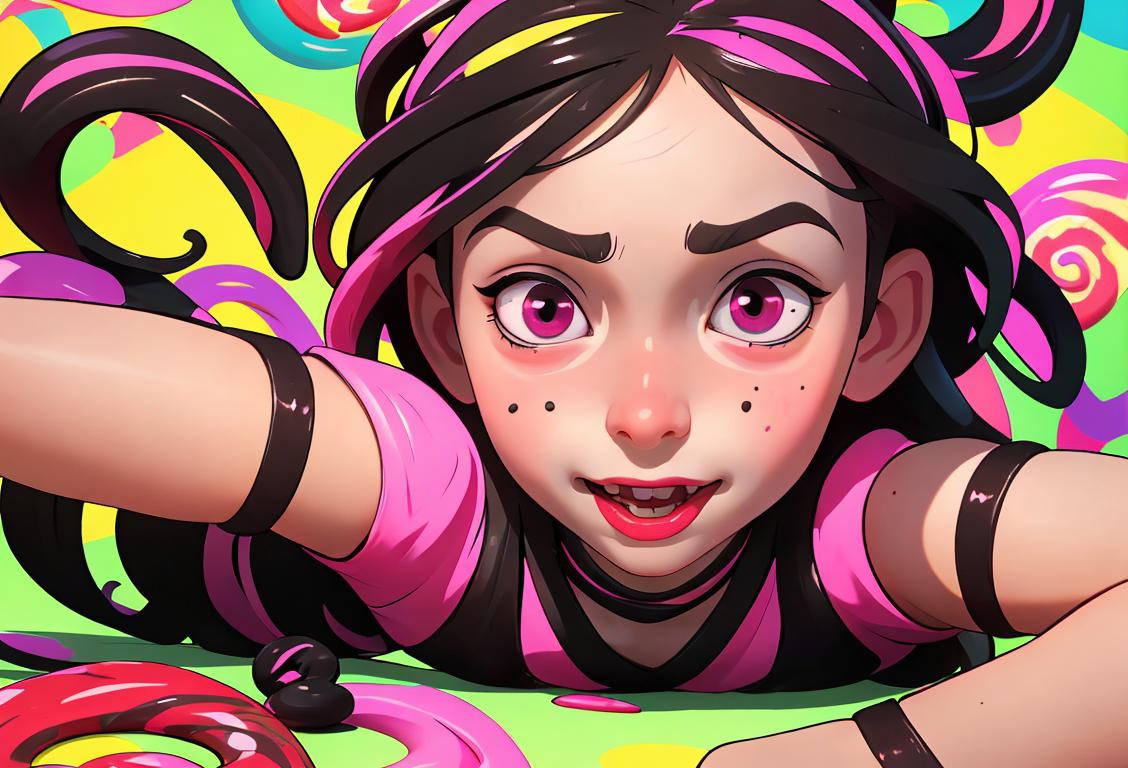 A cheerful child with a licorice twist, wearing a vibrant candy-themed outfit, surrounded by colorful licorice candies..