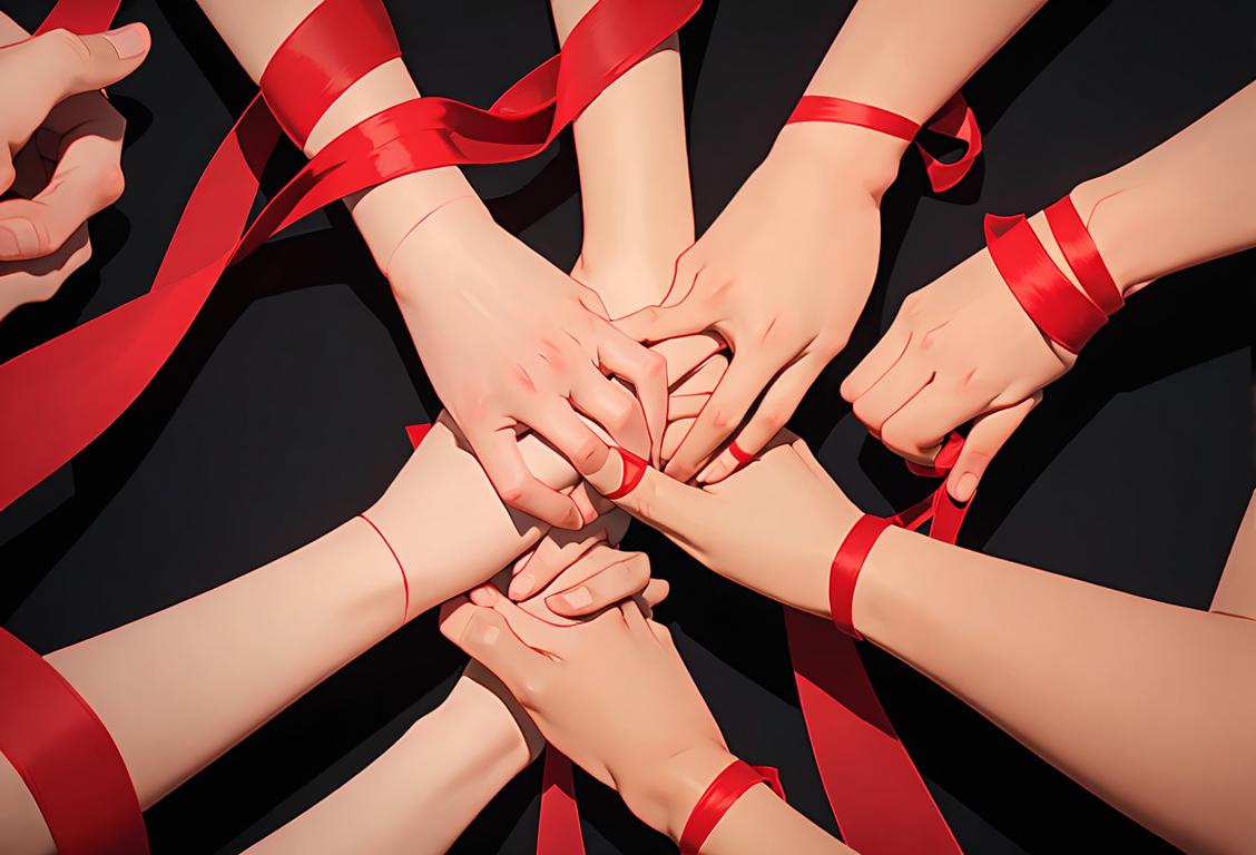 A diverse group of people holding hands, wearing red ribbons, in a supportive community setting..