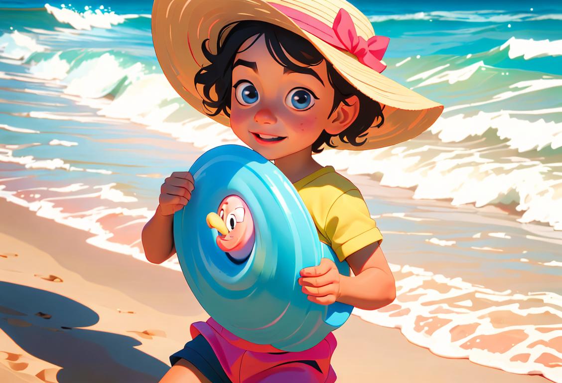 Cheerful child holding a colorful tabok, wearing a summer hat, beach setting with waves and seashells..