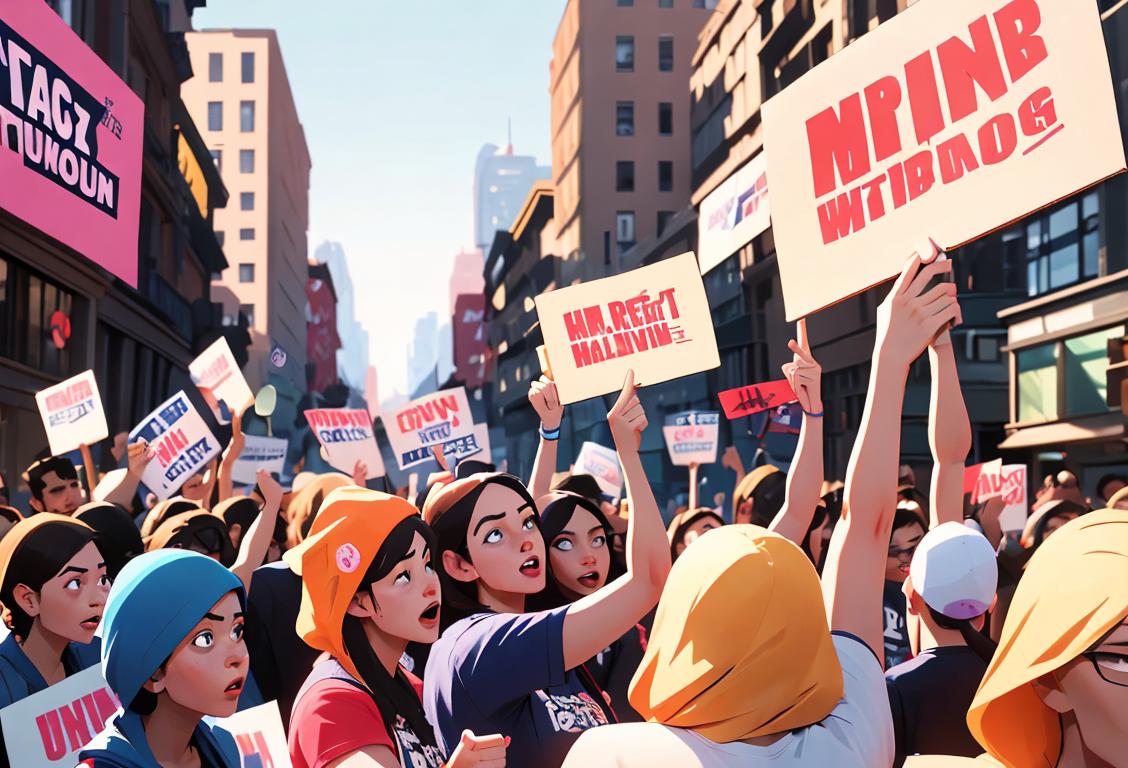 Group of diverse people holding up campaign signs, wearing t-shirts with inspiring slogans, busy city street backdrop, vibrant and energetic atmosphere..