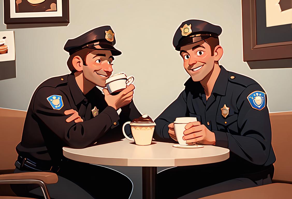 Coffee shop scene, friendly police officer chatting with a smiling customer, cozy atmosphere with warm colors and comfy seating..