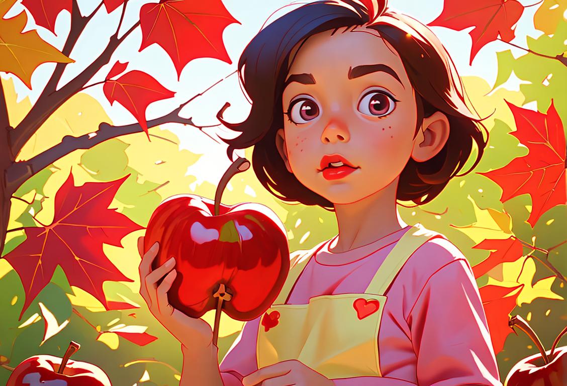 Young child holding a candy apple, wearing a cute apron, autumn backdrop of colorful leaves..