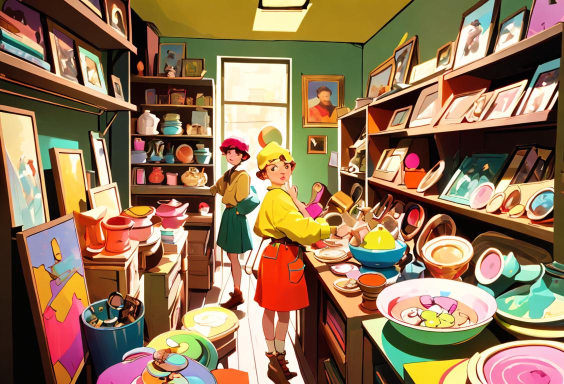 Young person with colorful outfit, vintage accessorries, surrounded by stacks of second-hand clothes in a bustling thrift shop..