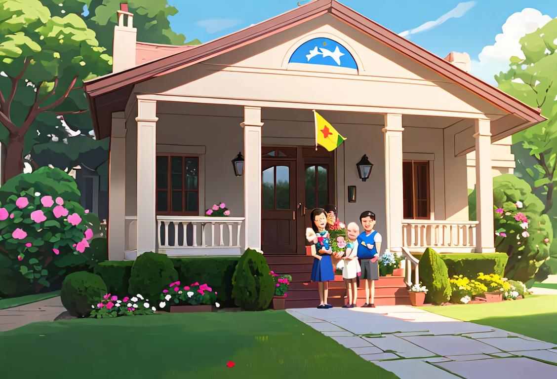 A joyful family, holding a national flag, standing in front of their cozy home adorned with beautiful flowers and a welcoming front porch..