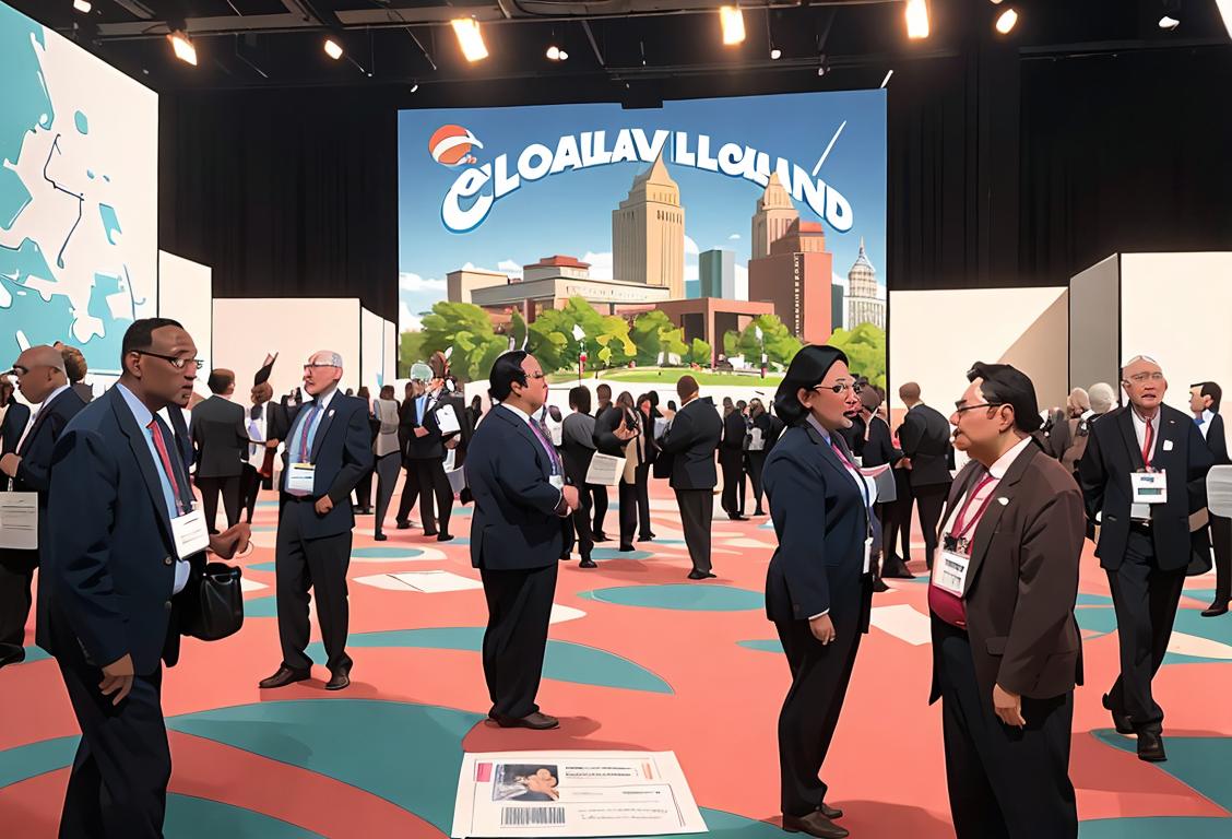 A diverse group of convention attendees wearing name tags, holding program booklets, and engaging in lively discussions, against a backdrop of Cleveland landmarks..