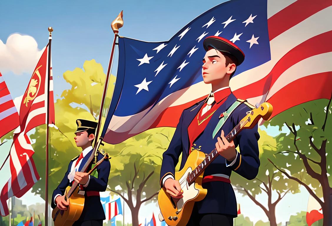 Young man playing a musical instrument, wearing patriotic colors, with a diverse crowd in a park holding national flags, celebrating National Anthem Day..