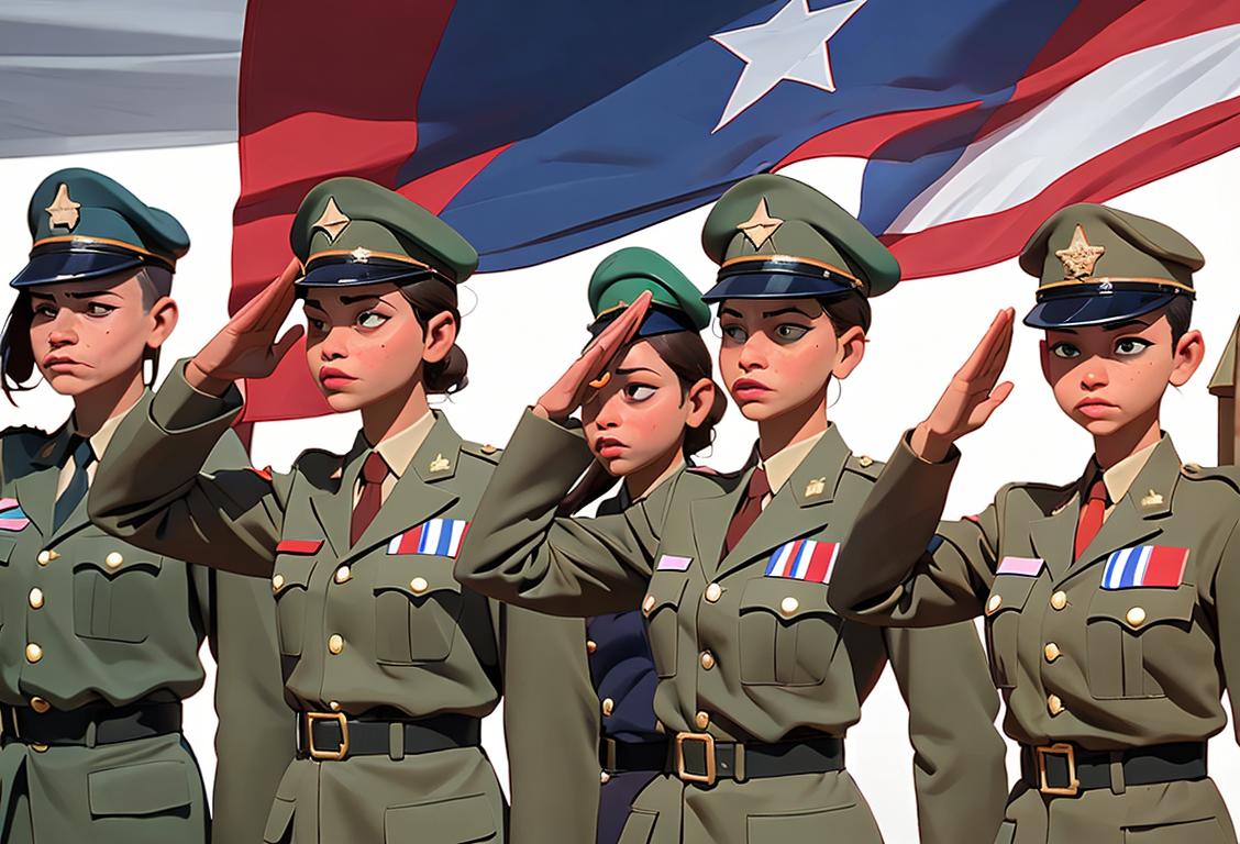 A diverse group of people wearing military uniforms, saluting a Puerto Rican flag, in a parade celebrating National Borinqueneers Day..