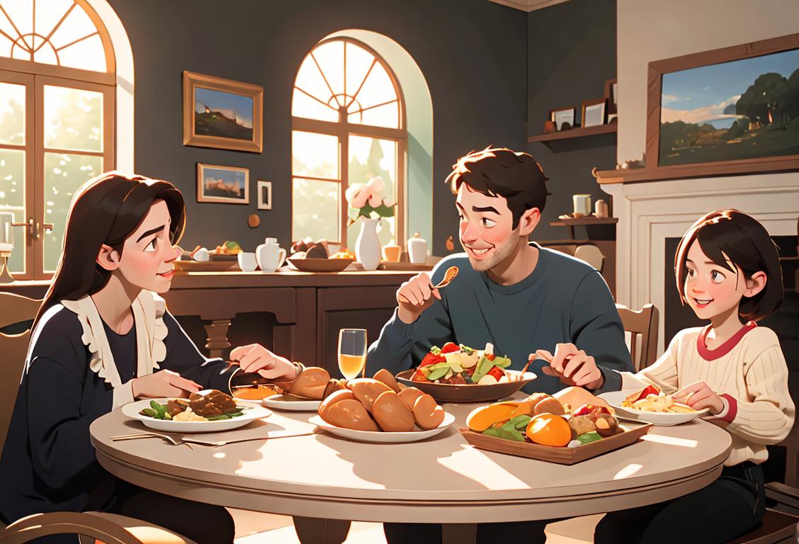 Happy family sitting around a table filled with delicious food, wearing casual clothing, cozy home setting..