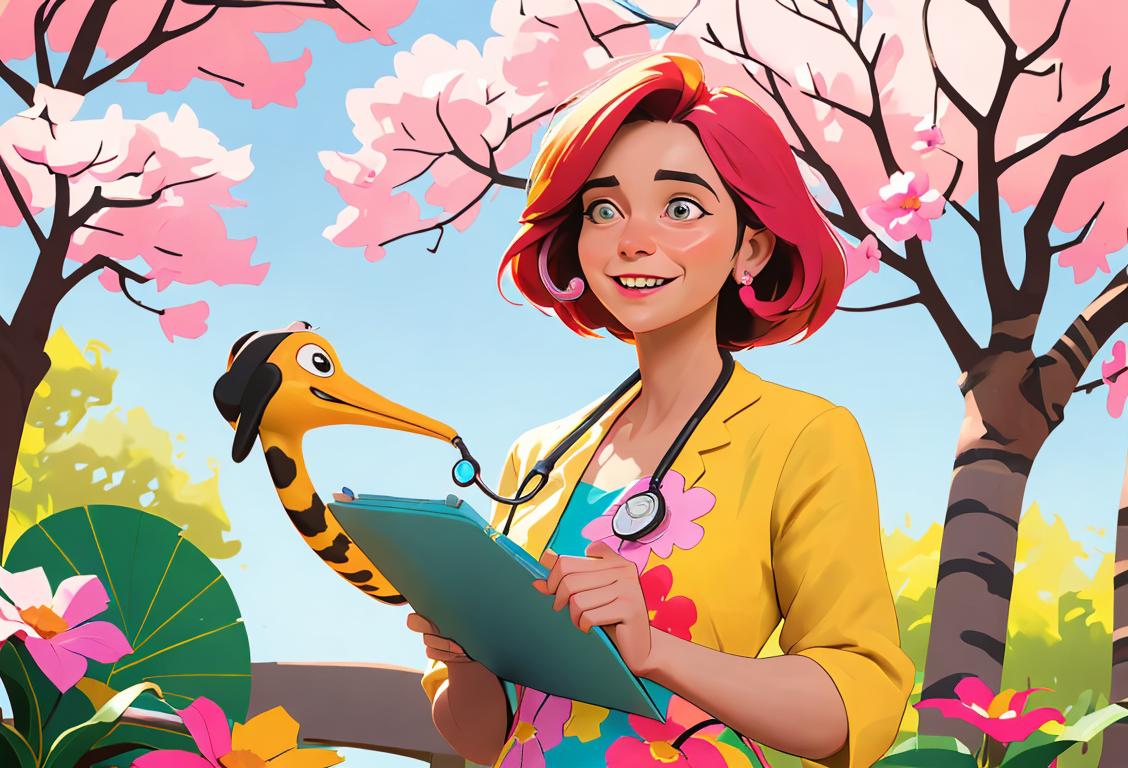 Cheerful person holding a stethoscope, wearing a colorful floral dress, sunny park setting, surrounded by friendly zoo animals..