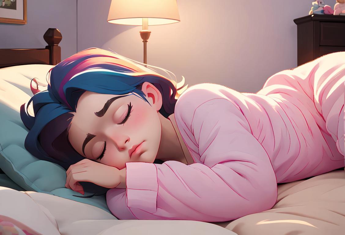 A peaceful bedroom scene with a cozy bed, fluffy pillows, and a sleeping person wearing colorful pajamas..