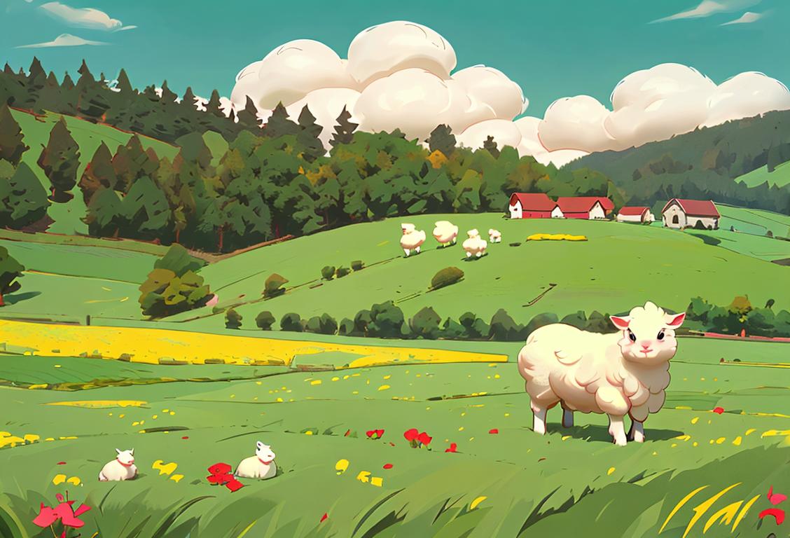 A cheerful farmer in overalls cuddling a fluffy white lamb, surrounded by a picturesque countryside with rolling green hills and a red barn in the background..