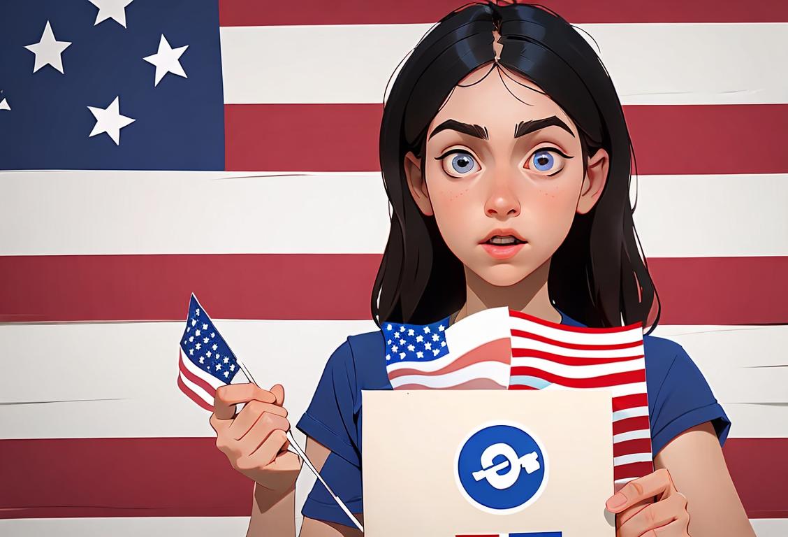 Young person wearing a 'Vote' t-shirt, holding a ballot, surrounded by American flags and patriotic decorations..