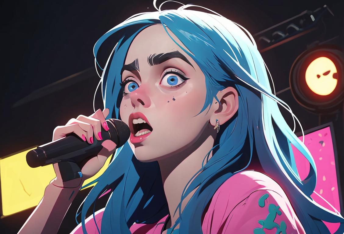 Young woman with unique fashion sense, singing with passion in a vibrant pop-inspired setting..