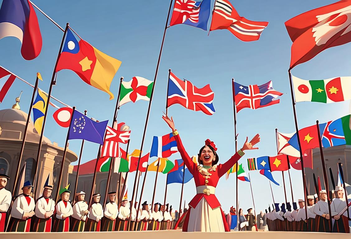 Group of diverse people waving national flags, wearing traditional clothing, in a festive outdoor celebration..
