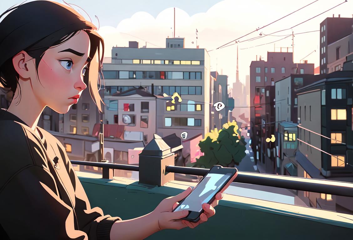 Young person anxiously looking at their phone, wearing casual attire, urban city background with text bubbles floating away..
