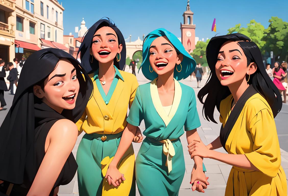 A diverse group of people laughing and holding hands, representing National Level and a Day, with individuals in various cultural and fashion styles, in a vibrant city setting..