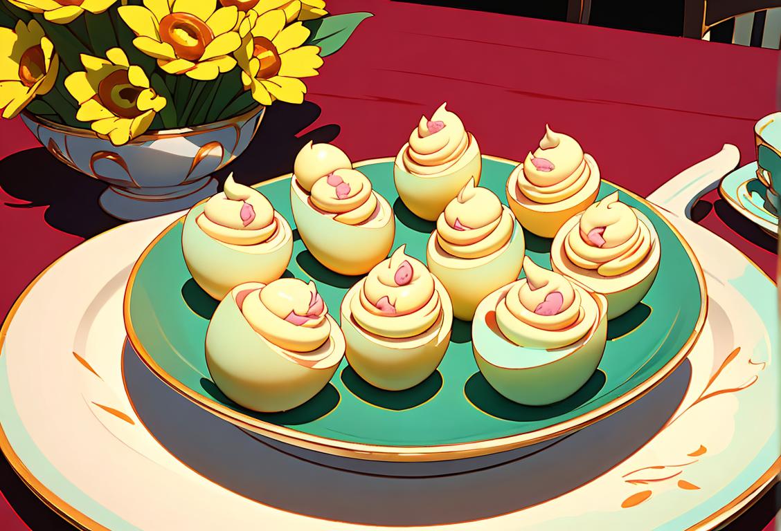 A close-up of a plate filled with perfectly garnished deviled eggs, surrounded by colorful spring flowers and a vintage tea cup..